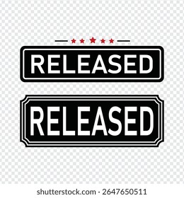 released label icon set with black rectangular shape five stars and curved border for product launch and update announcement