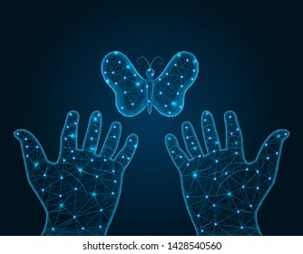 Releases a butterfly low poly design, moth abstract geometric image, human hands and insect wireframe mesh polygonal vector illustration made from points and lines on dark blue background