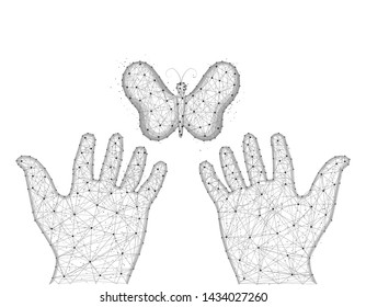 Releases a butterfly low poly design, moth abstract geometric image, human hands and insect wireframe mesh polygonal vector illustration made from points and lines on white background