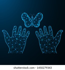 Releases a butterfly low poly design, moth abstract geometric image, human hands and insect wireframe mesh polygonal vector illustration made from points and lines on dark blue background