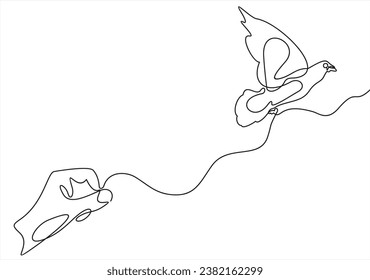 Releasing a bird from hand to flight continuous one line drawing. Symbol of freedom concept drawn by single line. Vector illustration.	