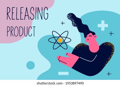 Releasing product, technology, innovation concept. Young woman worker cartoon character moving innovative technology shape in hand with lettering above vector illustration 