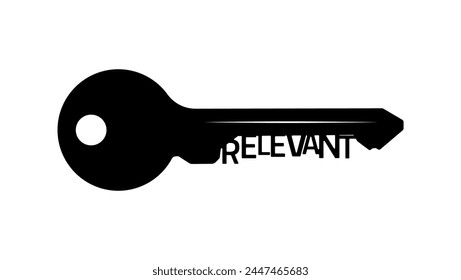 'relevant' emblem, key with text, black isolated silhouette