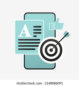 Relevant and high-quality advertising text with an exact hit on the target audience. Positive feedback on the content correctly targeted and written by the copywriter. Flat design outline vector icon