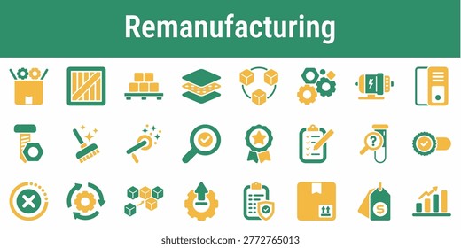 Relevant icon set for used product teardown part inspection refurbishment reassembly and resale Suitable for industrial dashboards repair systems workshop tools and circular manufacturing platforms