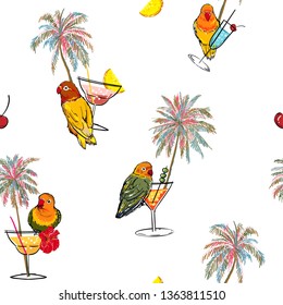 Relexing colorful tropical vacation mood in hand drawn palm trees ,parrots birds,cocktail and summer fruits seamless pattern vector on white background color