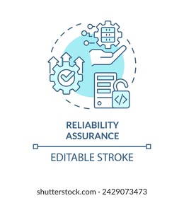 Icono de concepto suave azul de garantía de fiabilidad. Prácticas de calidad, gestión de la evaluación. Análisis de rendimiento, corrección. Ilustración de línea de forma redonda. Idea abstracta. Diseño gráfico. Fácil de usar
