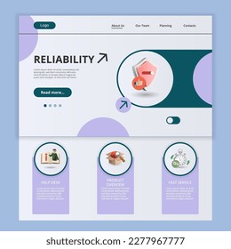 Plantilla del sitio web de la página de aterrizaje plana de confiabilidad. Servicio de ayuda, información general del producto, servicio rápido. Banner web con encabezado, contenido y pie de página. Ilustración vectorial.
