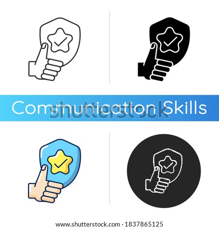 Reliability icon. Linear black and RGB color styles. Quality assessment, positive feedback, good rating. Dependability, trustworthiness. Thumbs up with checkmark isolated vector illustrations