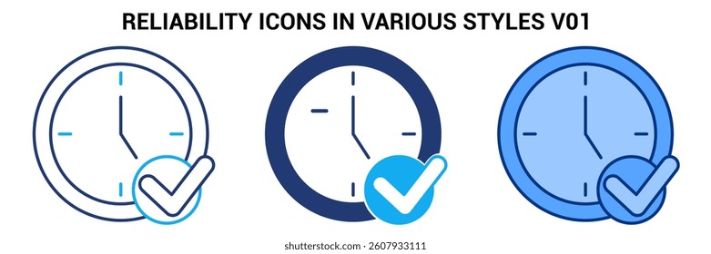 Reliability icon represented by clook, check mark Blue, Dualline, Dualtone style.