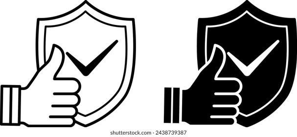 Reliability icons. Black and White Vector Icons of Thumbs Up and Protection Sign. Core Values Concept