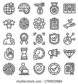 Reliability icons set. Outline set of reliability vector icons for web design isolated on white background