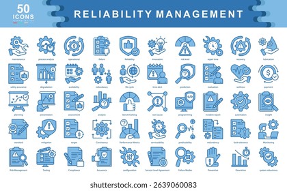 The Reliability Management blue icon set highlights key aspects of operational integrity, system performance, and risk mitigation ideal for industrial, tech, and engineering applications.