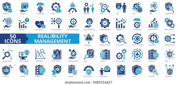 Reliability management icon collection set. Containing availability, maintainability, failure, risk, redundancy, fmea, mtbf icon. Simple flat vector.