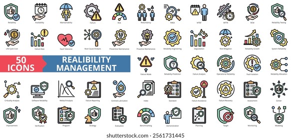 Reliability management icon collection set. Containing availability, maintainability, failure, risk, redundancy, fmea, and mtbf icon. Simple flat outline vector illustration