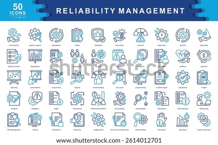 The Reliability Management icon set highlights key aspects of operational integrity, system performance, and risk mitigation ideal for industrial, tech, and engineering applications.