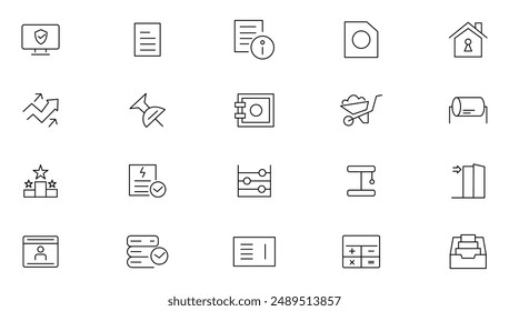 Reliability management line icon set. Core value, containing availability, maintainability, failure, risk, redundancy,  goals, integrity, customer, commitment outline icons collection