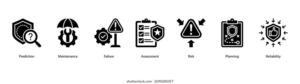 Reliability Planning web banner icon vector illustration featuring Prediction, Maintenance, Failure, Assessment, Risk, Planning, and Reliability.