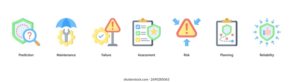 Ilustración vectorial de iconos de Anuncio de Web de planificación de confiabilidad con predicción, mantenimiento, falla, evaluación, riesgo, planificación y confiabilidad.