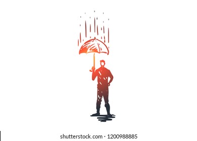 Reliability, safety, protect, safe, secure concept. Hand drawn person with umbrella under rain concept sketch. Isolated vector illustration.