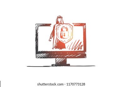 Reliability, security, GDPR, muslim, technology concept. Hand drawn Islam man with padlock, symbol of data protection concept sketch. Isolated vector illustration.