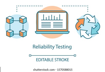 Reliability testing concept icon. Examine computer performance idea thin line illustration. Software testing process. Indicating issues and problems. Vector isolated outline drawing. Editable stroke