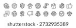 Reliability thin line icon set. Contains best practices, shield security, quality badge, trust brand, thumb up, five stars, satisfaction, checkmark, verified, authenticity, consistency. Vector illustration
