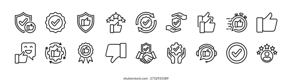 Reliability thin line icon set. Contains best practices, shield security, quality badge, trust brand, thumb up, five stars, satisfaction, checkmark, verified, authenticity, consistency. Vector illustration