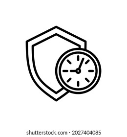 Reliability, time-tested thin line icon. Shield with clock. Symbol of support. Vector illustration.