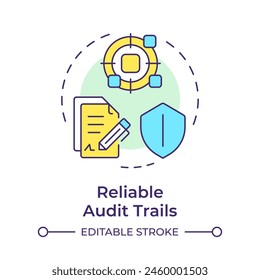 Zuverlässige Audit-Testversionen Multi-Color-Konzept-Symbol. Forensische Analyse, digitale Beweise. Darstellung der runden Formlinie. Abstrakte Idee. Grafikdesign. Einfache Verwendung in Infografik, Präsentation