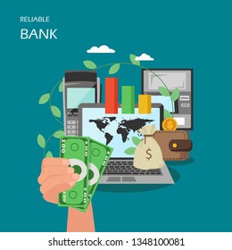 Reliable bank vector flat style design illustration. Hand holding dollar banknotes, laptop with world map on screen, pin pad, money bag, wallet, ATM. Bank purse concept for web banner, website page.