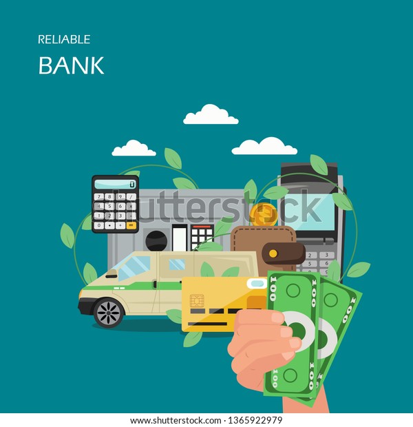 Reliable bank vector flat style design illustration.\
Hand holding money, armored bank car, safe deposit box, plastic\
card, wallet, calculator etc. Reliable savings concept for web\
banner, website page