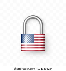 Reliable closed padlock decorated with USA flag. Isolated object on checkered background. Lock icon. Data protection, Secret information, Security robust, Border is locked concept. Realistic 3d vector