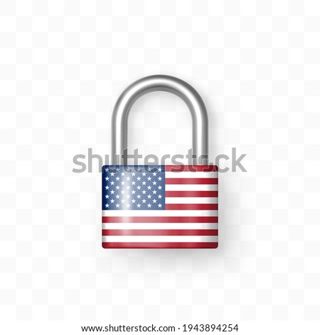 Reliable closed padlock decorated with USA flag. Isolated object on checkered background. Lock icon. Data protection, Secret information, Security robust, Border is locked concept. Realistic 3d vector