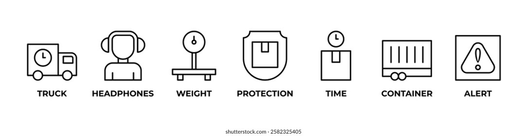 Reliable Freight Solutions icons set vector illustration with TRUCK, HEADPHONES, WEIGHT, PROTECTION, TIME, CONTAINER, ALERT