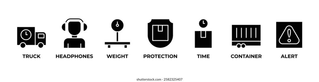 Reliable Freight Solutions icons set vector illustration glyph with TRUCK, HEADPHONES, WEIGHT, PROTECTION, TIME, CONTAINER, ALERT