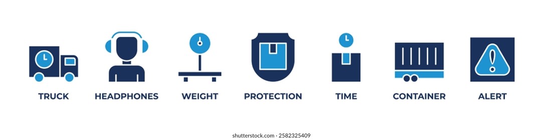 Reliable Freight Solutions icons set vector illustration blue with TRUCK, HEADPHONES, WEIGHT, PROTECTION, TIME, CONTAINER, ALERT