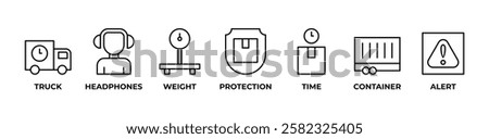 Reliable Freight Solutions icons set vector illustration with TRUCK, HEADPHONES, WEIGHT, PROTECTION, TIME, CONTAINER, ALERT