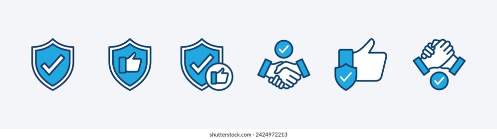 Reliable icon set. Containing trust, confidence, trustworthy, credibility, friends, truth, sincerity and honesty for safety, secure, shield protection. Vector illustration