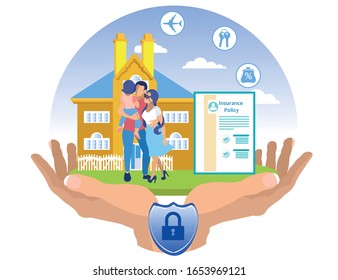 Reliable Insurance Company Protection. Insurance Policy. Vector Illustration. Reliable Protection. Insurance Case. Insured Property. House and People in Palms. Family with Child on Background Home.