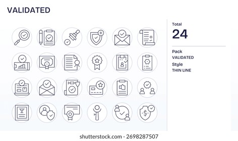 Una Biblioteca fiable de 24 iconos de líneas finas alineados con validados, diseñados para flujos de trabajo profesionales.