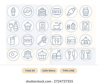 Una Biblioteca confiable de 24 íconos de líneas finas alineados con Café Menu, diseñados para flujos de trabajo profesionales.
