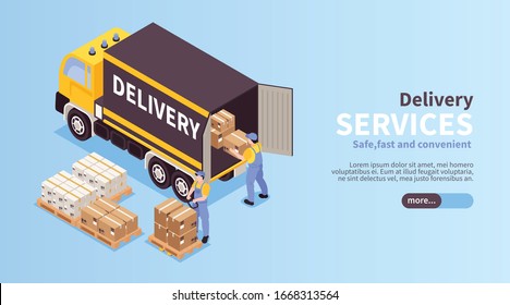 Reliable logistic services isometric landing page web banner with loading unloading local cargo delivery vehicle vector illustration 