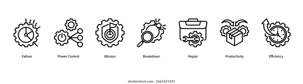 Ilustração do vetor do ícone do banner da Web da saída confiável com falha, controle de energia, missão, quebra, reparo, produtividade e eficiência.