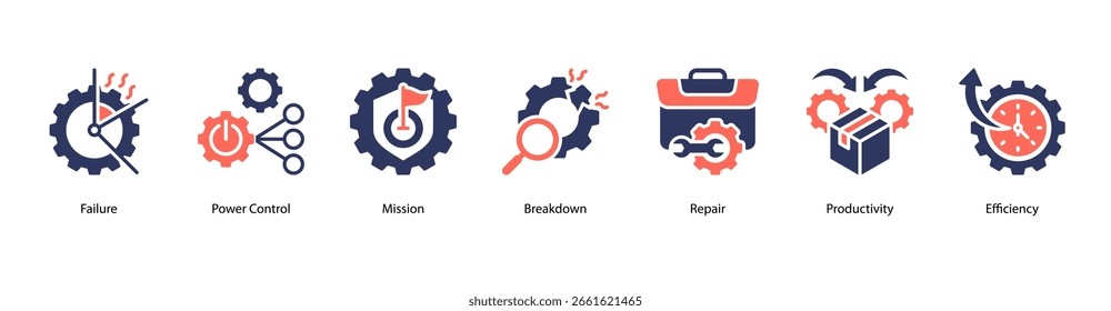 Reliable Output web banner icon vector illustration featuring Failure, Power Control, Mission, Breakdown, Repair, Productivity, and Efficiency.