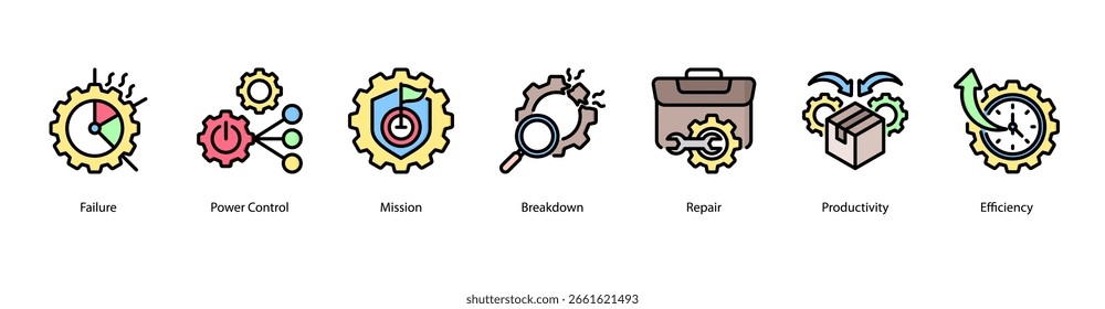 Reliable Output web banner icon vector illustration featuring Failure, Power Control, Mission, Breakdown, Repair, Productivity, and Efficiency.