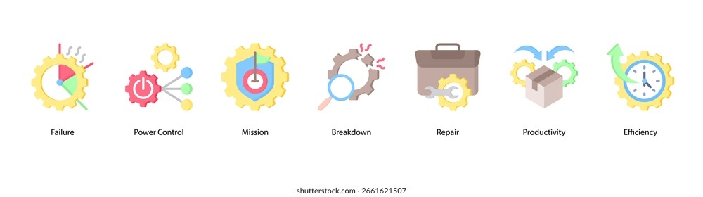 Ilustración vectorial de iconos de Anuncio de Web de salida fiable con fallo, control de potencia, misión, avería, reparación, productividad y eficiencia.