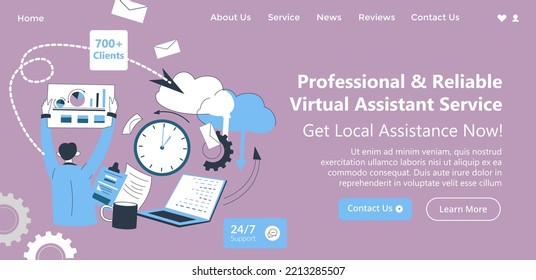 Zuverlässige und professionelle virtuelle Assistenzdienste für Ihr Unternehmen. Holen Sie sich jetzt lokale Hilfe. Verwaltung und Organisation von Prioritäten für Aufgaben. Website-Landing-Page-Vorlage, Internetseite. Vektorgrafik im Flachstil