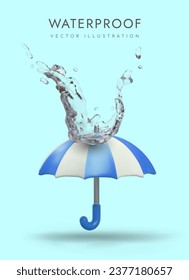 Reliable protection against water. Waterproof materials. Realistic umbrella, jets of water. Vector concept, place for text. Advertising of fabric, clothes, devices