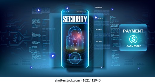 Reliable protection of digital data, money accounts and web wallets. Digital lock. Data protection and security Cyber banner with electronic anti-hacking system. Vector